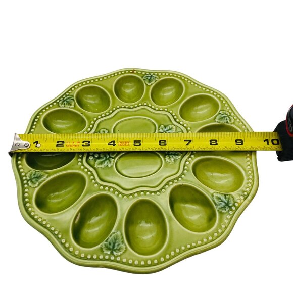 Vtg Green Majolica Deviled Egg Plate Grapevine Decorative Serving Platter - Picture 7 of 7